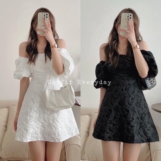 Đầm trễ vai tay bồng chất xốp hoa nổi , Váy trễ vai cúp ngực sang chảnh
