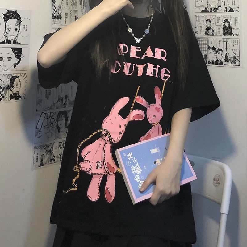 Áo Thun Đen Ngắn Tay In Hình Thỏ Hoạt Hình Phong Cách Hàn Quốc