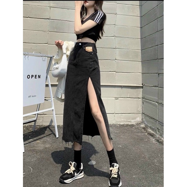 (KÈM ẢNH THẬT) CHÂN VÁY JEANS MIDI XẺ ĐÙI