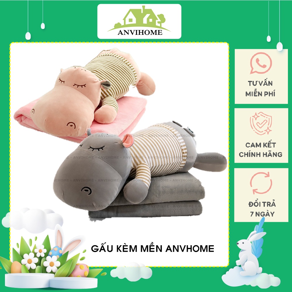 Bộ chăn gối văn phòng, Gối mền văn phòng, Gấu bông có chăn, gấu có chăn, Gối ngủ Hình hà mã Hippo siêu to Anvihome