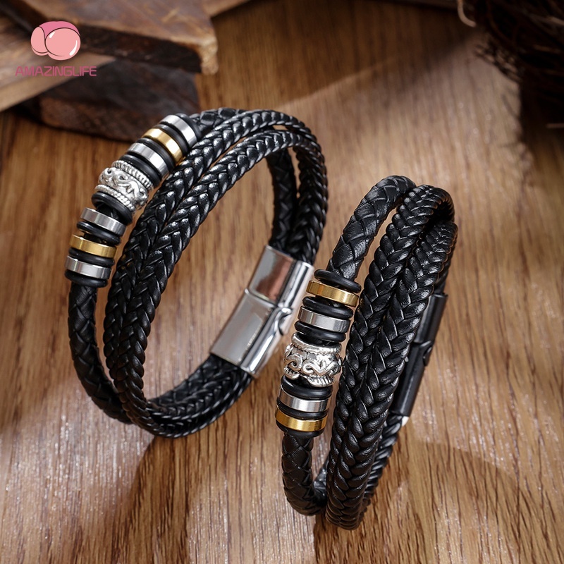 [Amazinglife] Vòng Tay Da Bện Thủ Công Nhiều Lớp / Vòng Đeo Tay Khóa Nam Châm Cổ Điển Thời Trang Cho Nam