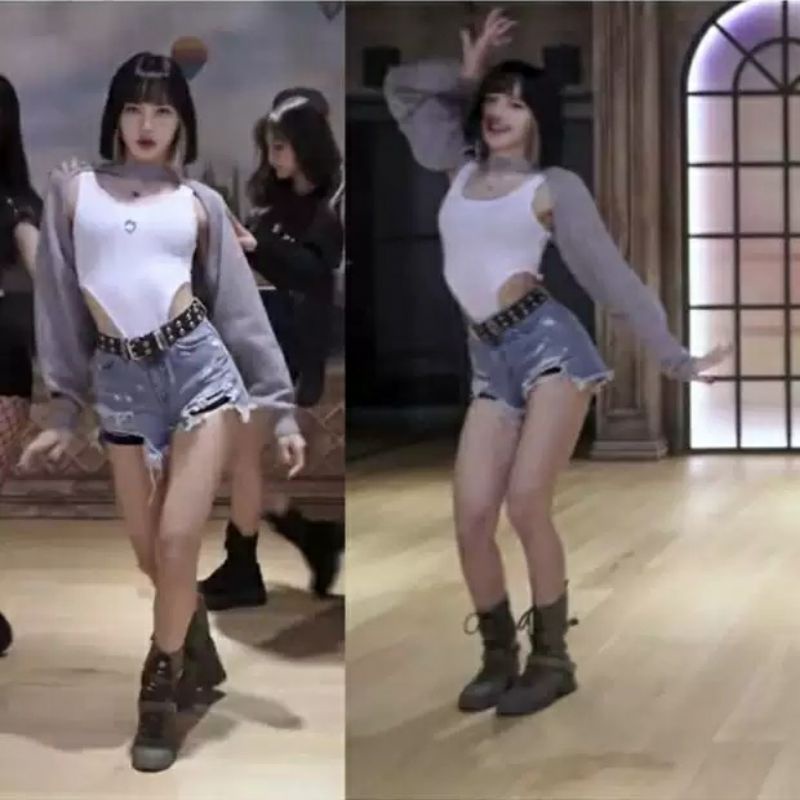 Set áo len xám, croptop và short jeans giống Lisa, Rosé và Jisoo BLACKPINK