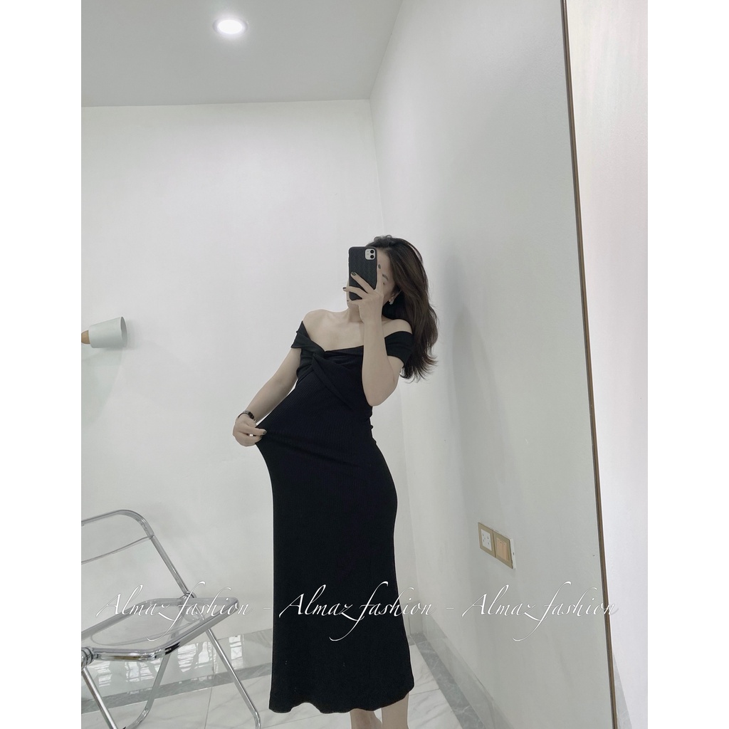 Váy đen trễ vai soắn ngực, váy đi tiệc đám cưới sang trọng chất thun gân siêu mềm siêu mát - Almaz Fashion