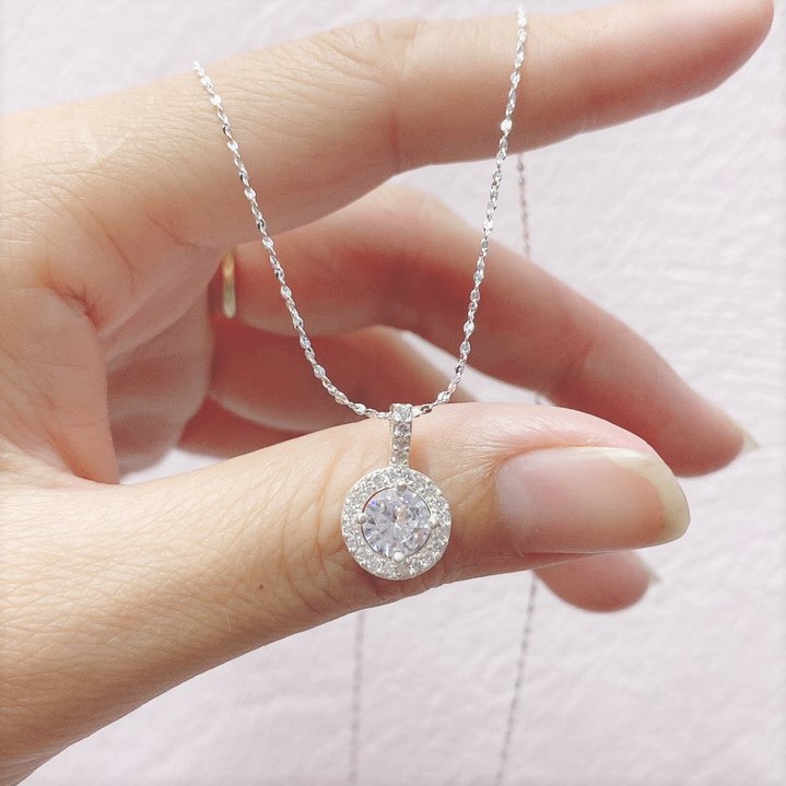 Dây chuyền bạc Evasilver mặt tròn đính đá nữ tính, Trang sức bạc Ý cao cấp