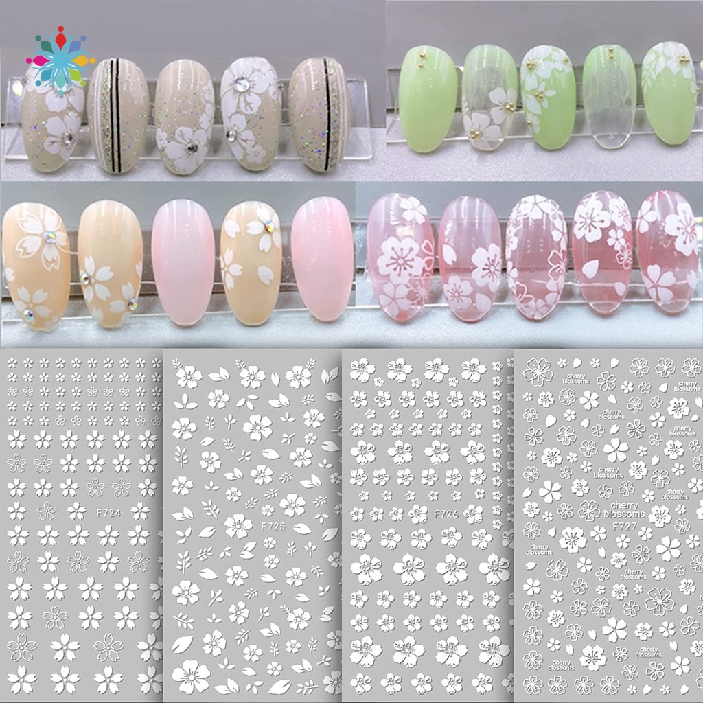 Set 4 Tờ Nhãn Dán Trang Trí Móng Tay 3D Tự Dính Họa Tiết Hoa Trắng DIY