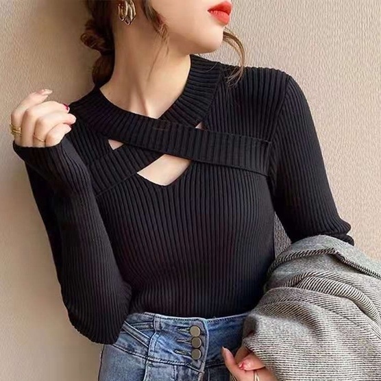 Áo len ZHELIHANGFEI dài tay ôm dáng kiểu vạt chéo thời trang cá tính dành cho nữ