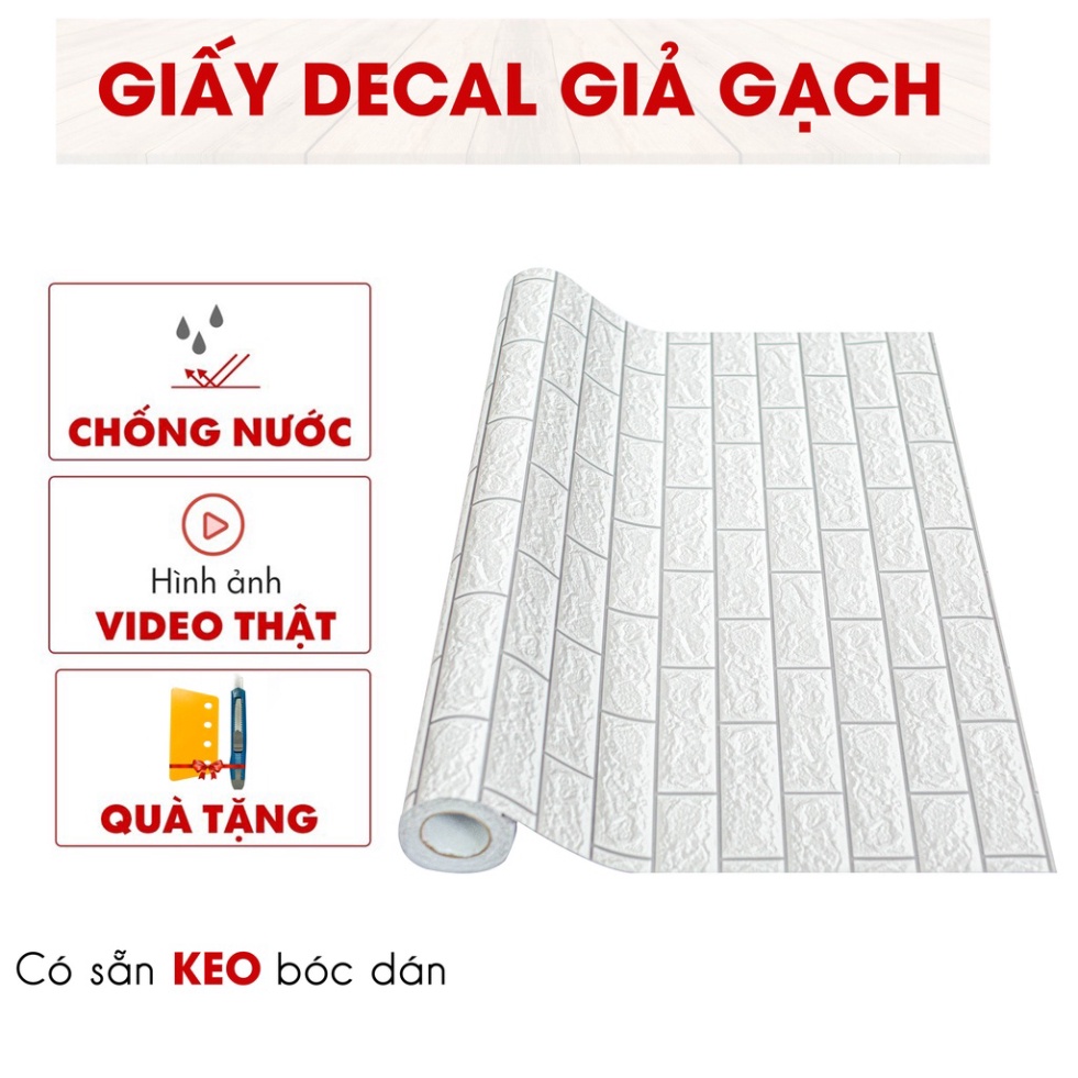 Giấy dán tường giả gạch xám trắng văn 3D decal có sẵn keo mặt sau khổ 1,2m