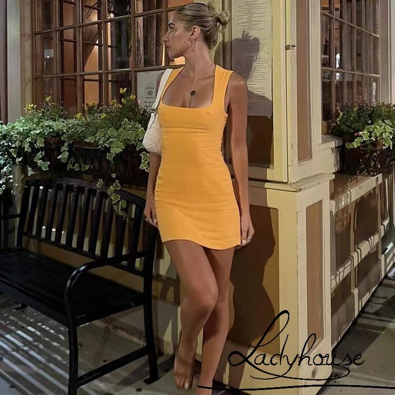 Đầm Hai Dây Cổ Vuông Màu Vàng Thời Trang Mùa Hè Quyến Rũ Cho Nữ
