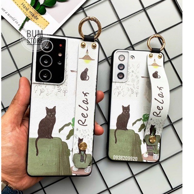Ốp Lưng Mèo Relax Samsung S23 Ultra / S23 Plus / S22 Ultra / S22 Plus / S21 Ultra / S21 Plus / S20 FE Có Dây Xỏ Tay