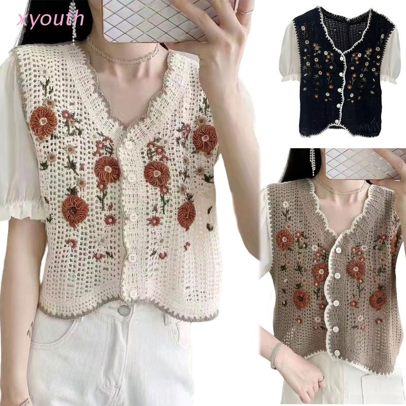 Áo Cardigan Dệt Kim Tay Ngắn Dáng Rộng Phối Ren Thêu Hoa Ngọt Ngào Thời Trang Cho Nữ