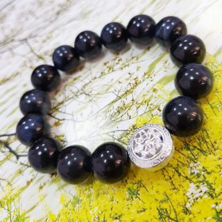 Vòng tay nam mắt.hổ đen ghi 12 ly mix charm bạc 925