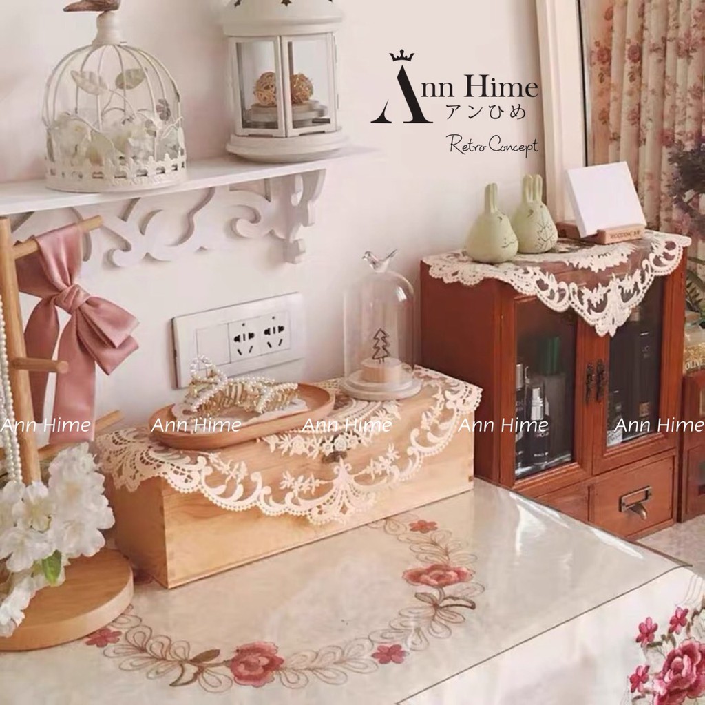 Khăn Trải Bàn Vintage Canvas Decor Bàn Ăn & Phòng Khách Sang Trọng Chữ Nhật Vải Ren