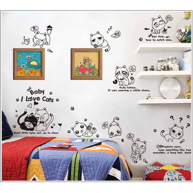 Decal dán trang trí tường 10 chú mèo dễ thương ngộ nghĩnh AmyShop DKN139