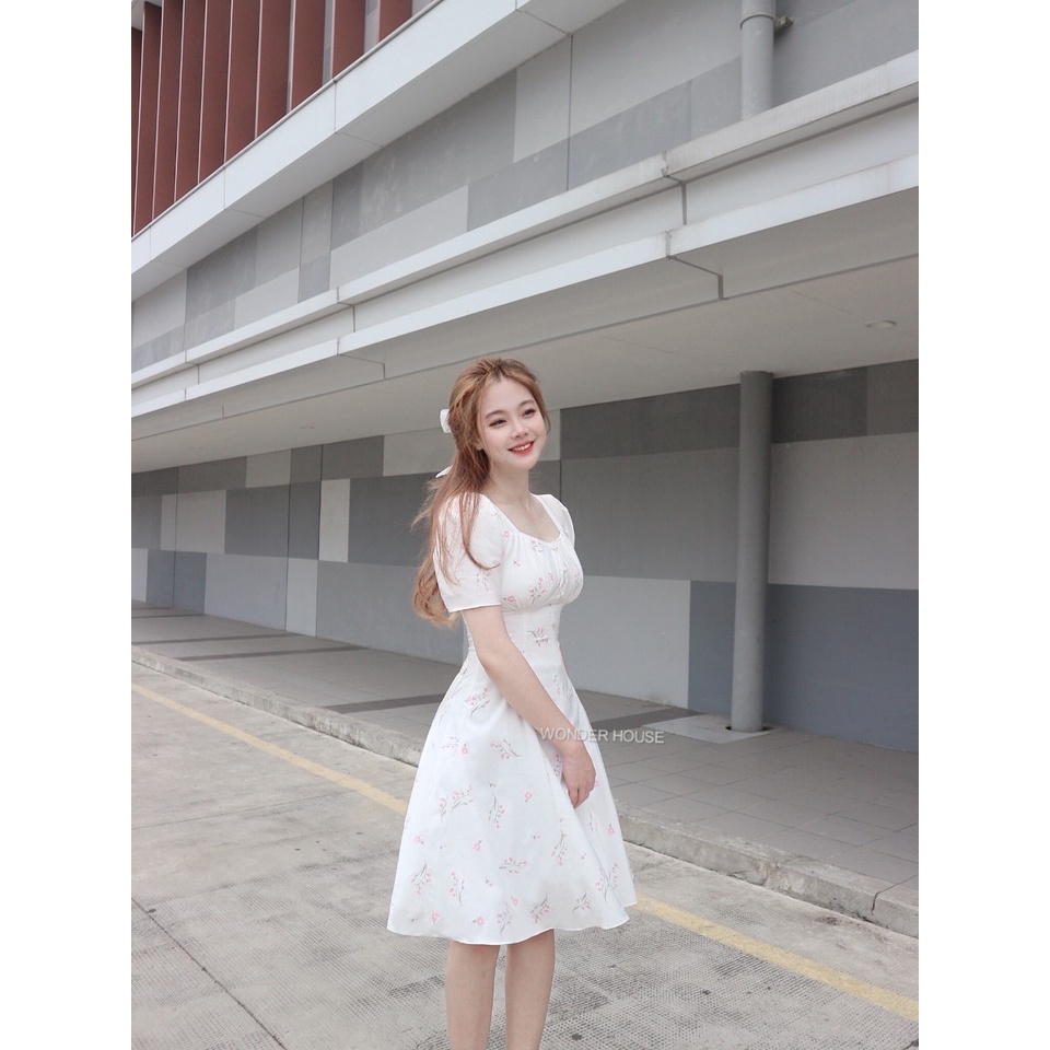 Đầm thiết kế Wonderhouse dáng dài cổ tim vải lụa in dạo phố, công sở dễ thương - Lyly dress
