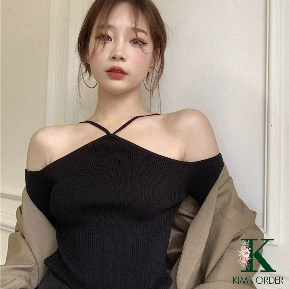 Áo len nữ dài tay màu đen trắng ghi cổ dây chéo hở ngang trễ vai phom ôm body phong cách sexy sang chảnh sành điệu