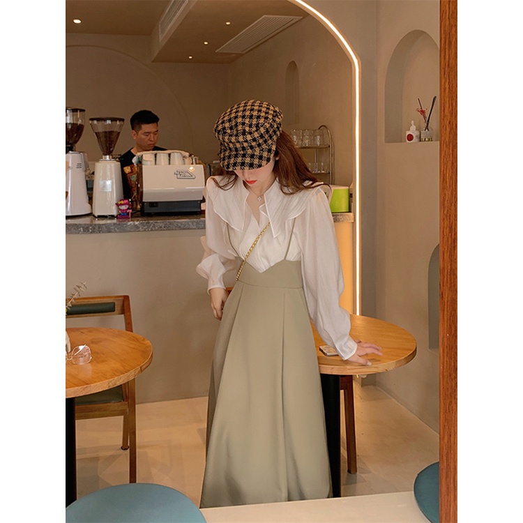 (Sẵn yếm size S ) Váy yếm xanh 2 dây áo sơ mi voan tơ dáng dài mùa thu đông kiểu dáng nhẹ nhàng tiểu thư