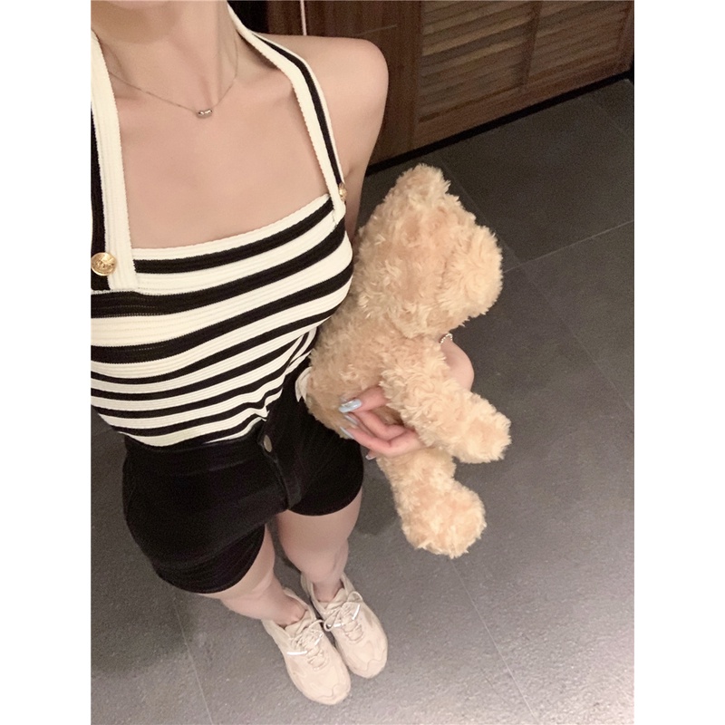 Áo Lửng Hai Dây Hở Lưng Họa Tiết Kẻ Sọc Thời Trang Gợi Cảm Cho Nữ