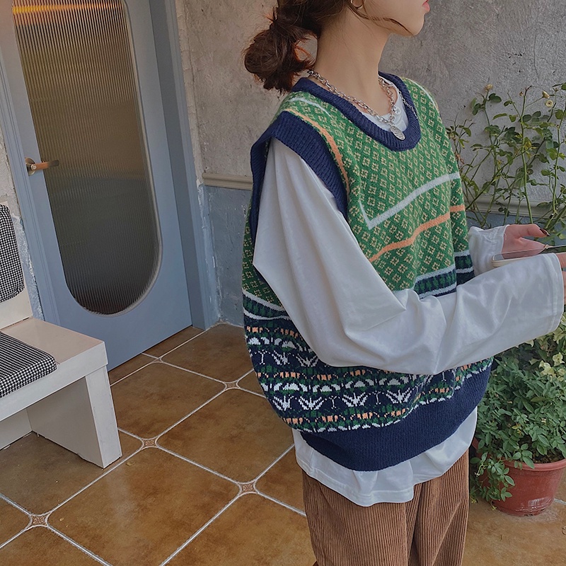 Áo gile len dệt kim retro freesize phối màu độc đáo