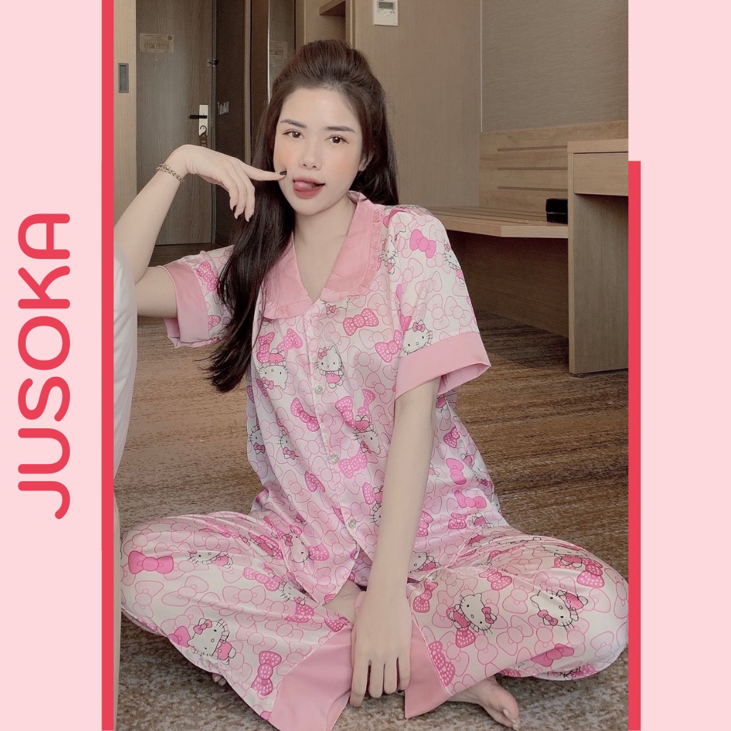 Đồ bộ nữ pijama mặc nhà tiểu thư lụa ngủ tay ngắn quần dài chất liệu satin JUSOKA