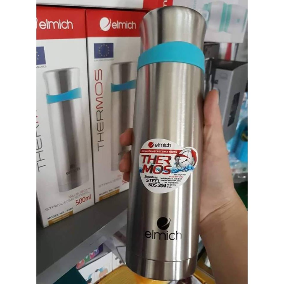 [VIỀN XANH] bình giữ nhiệt Elmich Thermos 500ml - bình nước Inox 304 cao cấp 2 lớp