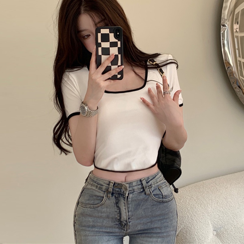 Áo Croptop Nữ Madela Tay Ngắn Cổ Viền Ôm Body, Croptop Nữ Cổ Vuông Ngắn Tay | BigBuy360 - bigbuy360.vn