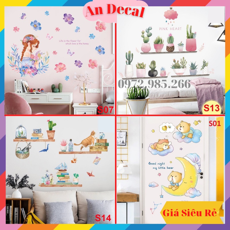 Tranh decal, decal dán tường trang trí phòng phong cách cute xinh xắn, lãng mạn