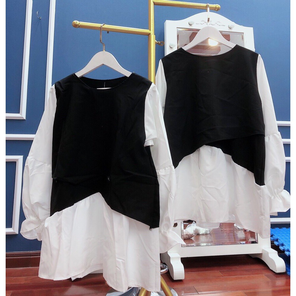 ÁO BABY DOLL ulzzang DÀI TAY LOE PHỒNG TÀ LỆCH PHỐI MÀU TRẮNG ĐEN - Áo Sơ Mi Dáng Babydoll Tay Bồng