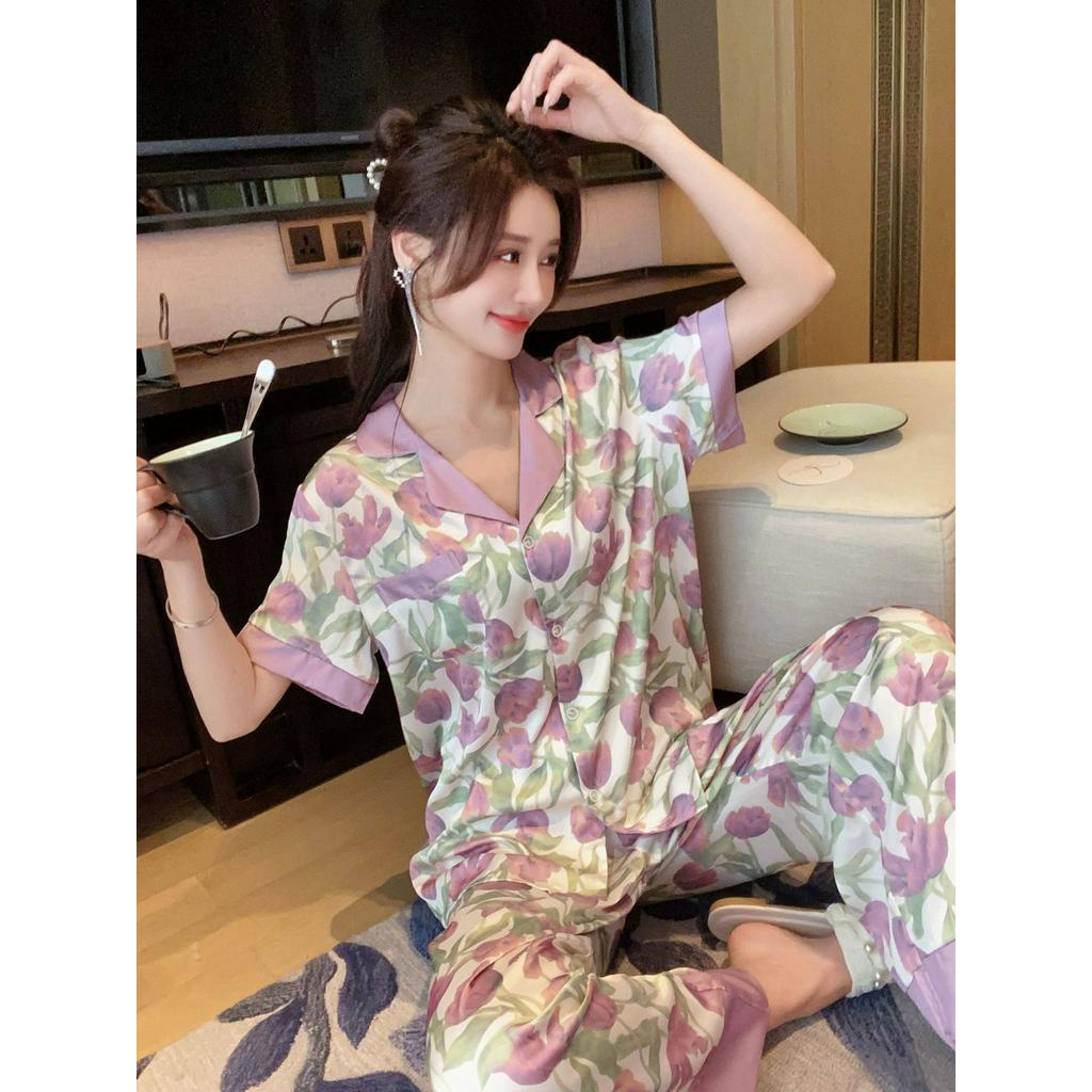 Bộ Đồ Ngủ Ngắn Tay Bằng Lụa Mát Họa Tiết Hoa Xinh Xắn Thời Trang Mùa Hè Cho Nữ