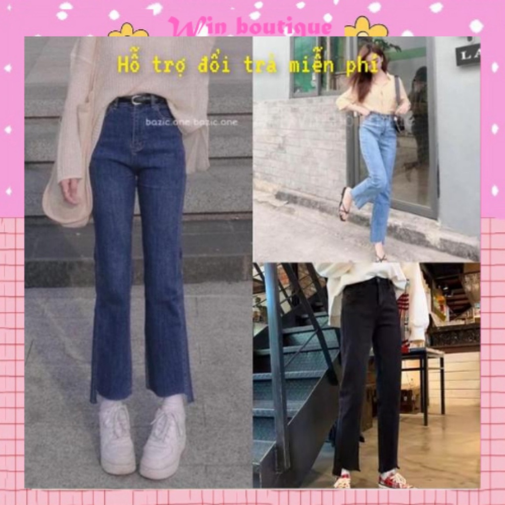Quần jean bò ống đứng suông co giãn màu đen cắt gấu phong cách Hàn Quốc Win Boutique