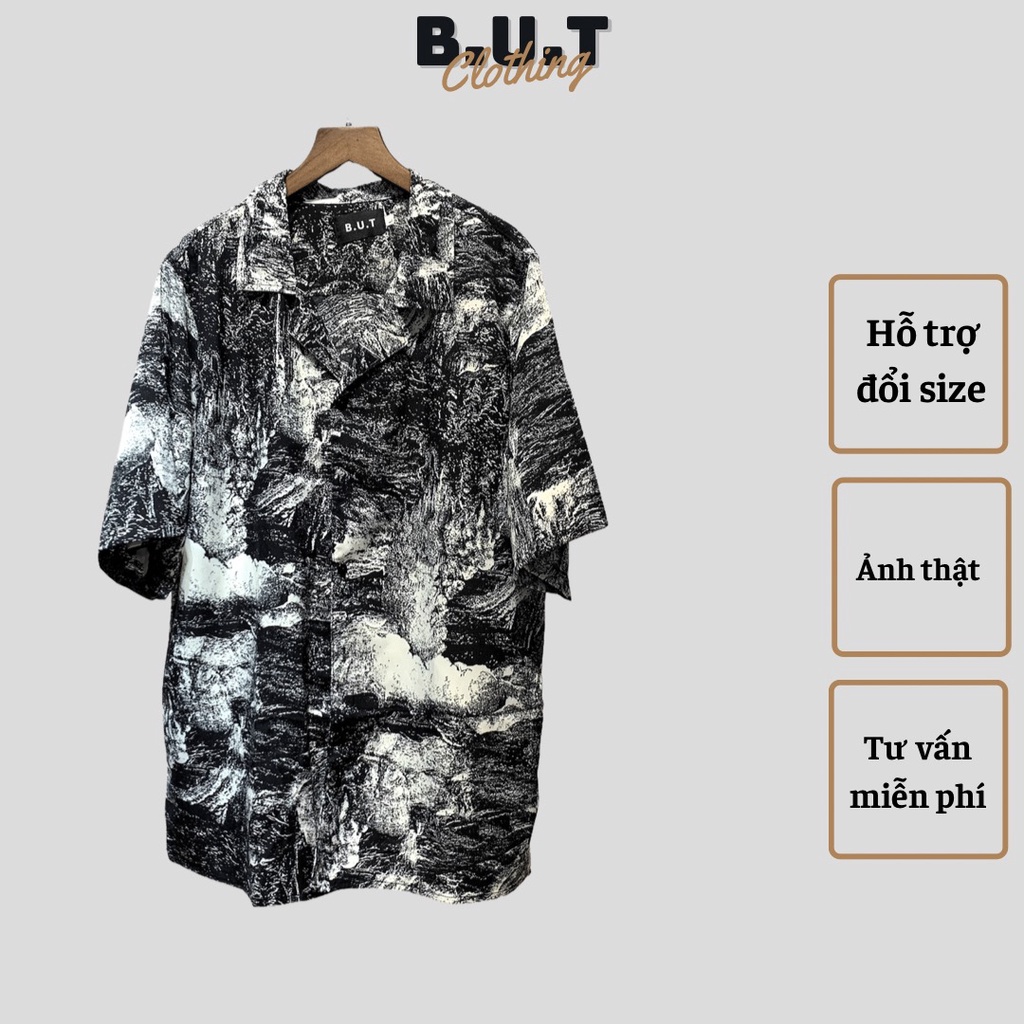 Áo sơ mi họa tiết ngắn tay LOANG ĐEN trơn mềm dành cho nam nữ | BUTCLOTHING