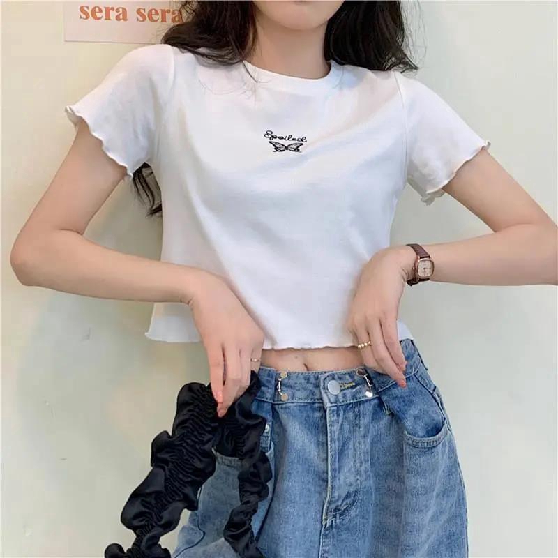 Áo Thun Croptop Thêu Hình Bướm Xinh Xắn Cho Nữ