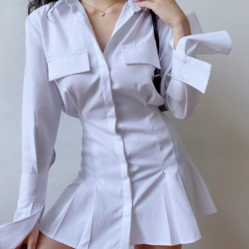 Đầm sơ mi tay dài đắp túi CAO CẤP phong cách công sở ( sẵn trắng size S M )