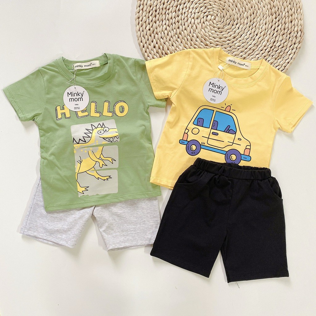 Bộ Cộc Tay Cho Bé Trai Minky Mom Vải Cotton 100% Họa Tiết Khủng Long Ô Tô Quần Cạp Có Túi, Đồ Bộ Cho Bé Mùa Hè MKM2117