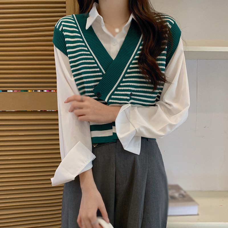 Áo Khoác Dệt Kim Không Tay Kẻ Sọc Phong Cách Cổ Điển Hàn Quốc