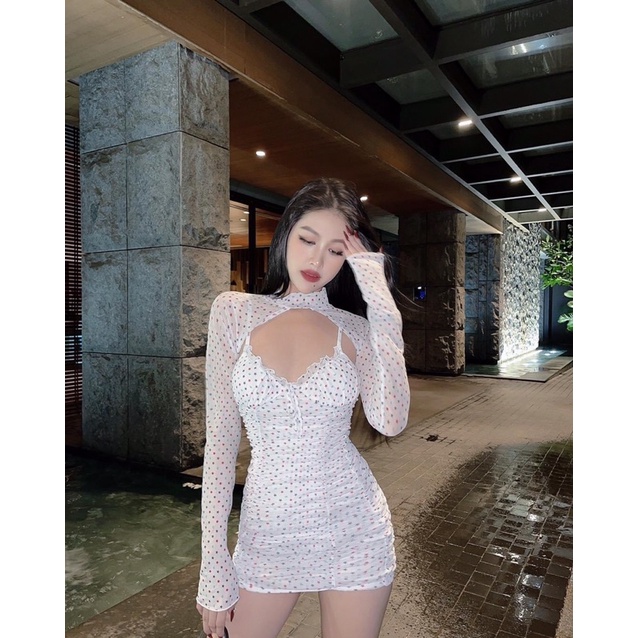 Đầm body 2 dây nhún kèm áo khoác ngoài tôn dáng sang chảnh Yn