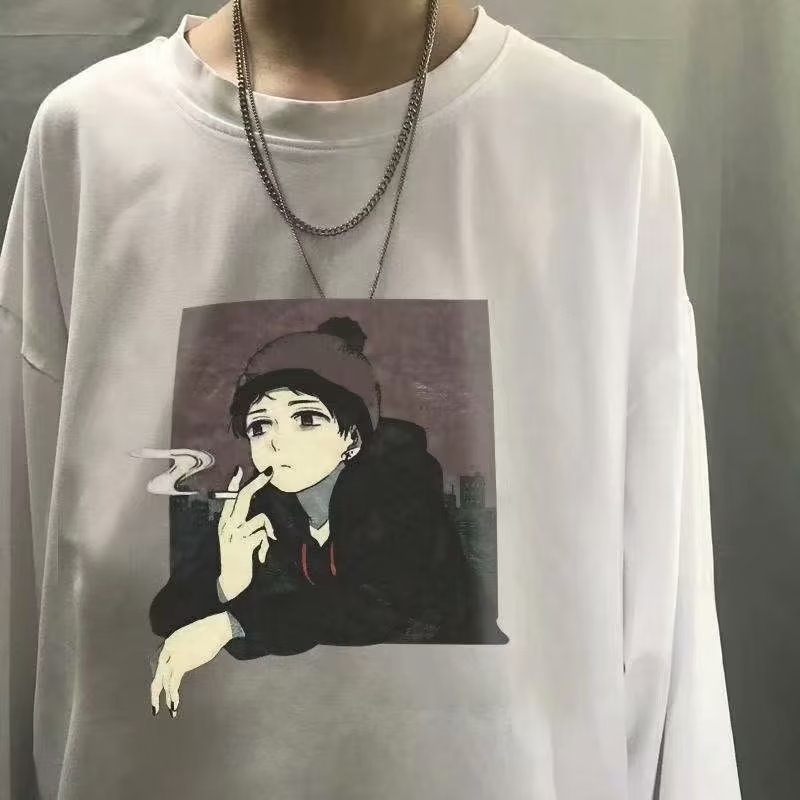 Áo Thun Tay Dài Cổ Tròn Dáng Rộng In Họa Tiết Hoạt Hình Phong Cách Hip Hop Hàn Quốc Thời Trang Cho Nam Size M-5XL