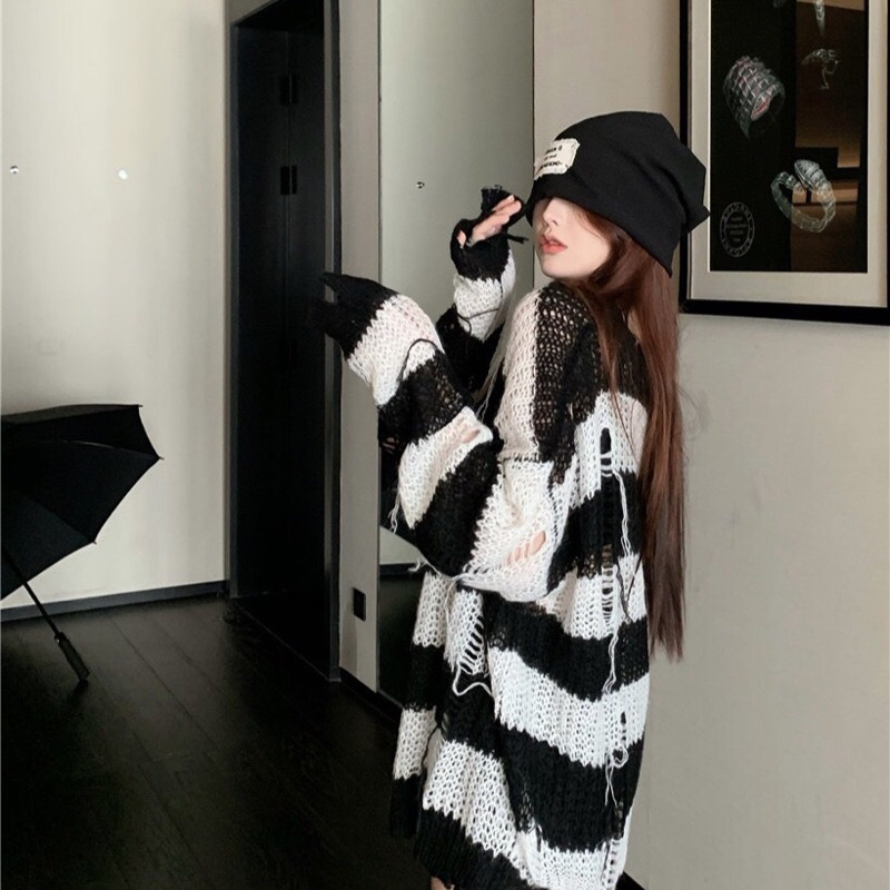 G39. 12. ÁO SWEATER LEN LƯỚI KẺ SỌC PHONG CÁCH CÁ TÍNH