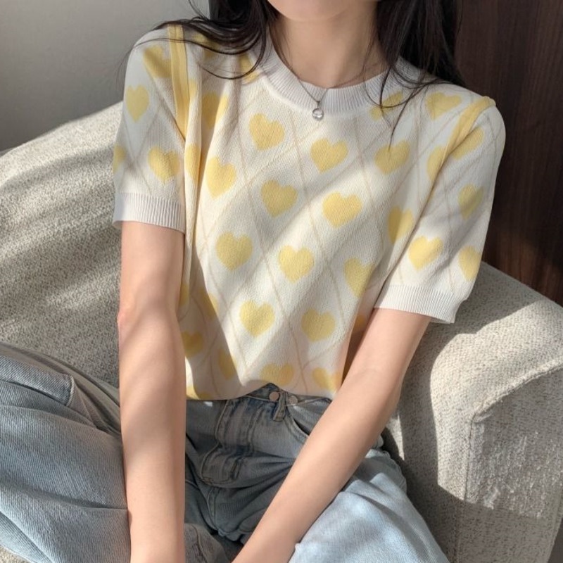 Áo Dệt Kim Tay Ngắn Họa Tiết Màu Sắc Tương Phản Xinh Xắn 185245 Áo Kiểu Hàn Quốc Dáng Ôm Thiết Kế Ngọt Ngào Dễ Phối Đồ