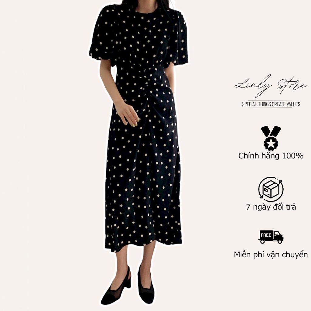 Váy chấm bi dáng suông dài Linly Store chất lụa nhật V-BT