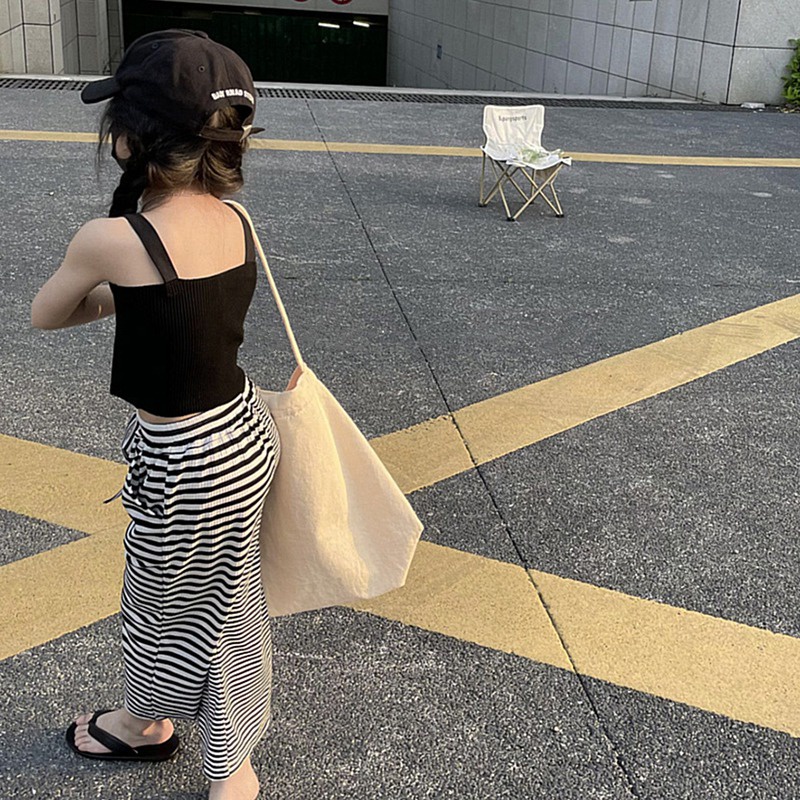 Quần Dài Lưng Thun Dáng Rộng Họa Tiết Kẻ Sọc Thời Trang Mùa Hè Phong Cách Hàn Quốc Cho Bé Gái