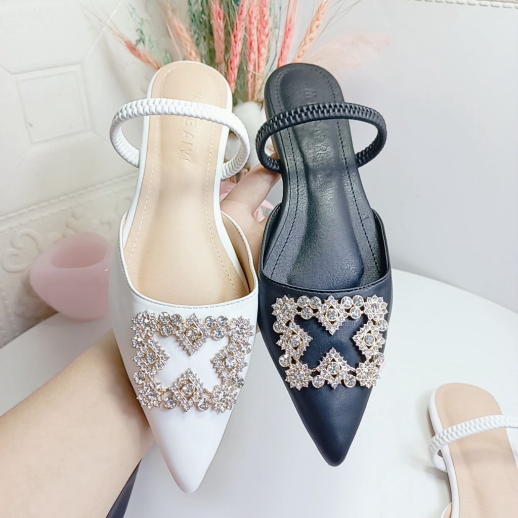 Giày nữ đế bệt bít mũi đính đá sục mũi nhọn quai ngang đi được 2 kiểu mẫu mới Minhtuyetshoes