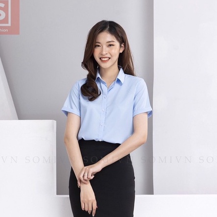 Áo Sơ Mi Nữ Tay Ngắn Xanh Nhạt Bassic Công Sở Áo Sơ Mi Công Sở, Dáng Suông, Chất Vải Đẹp