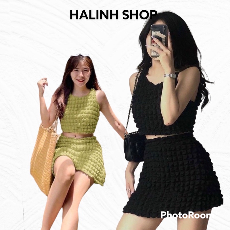 Set váy áo croptop XỐP NỔI - Halinh Shop - áo ba lỗ croptop cổ tròn phối chân váy chữ A ngắn đen xanh cốm size S M