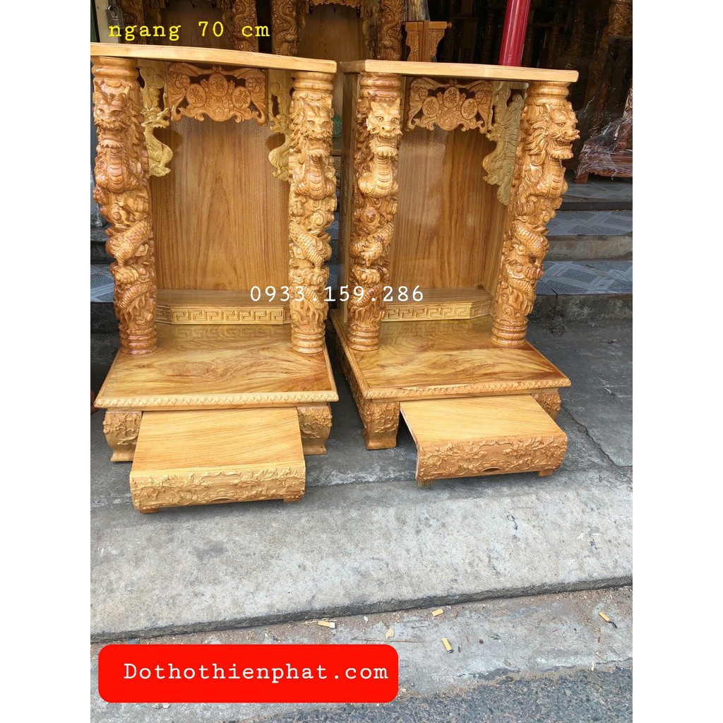 Bàn thờ thần tài ông địa gỗ gõ đỏ ngang 70 cm cột 14 cm rồng phun lửa