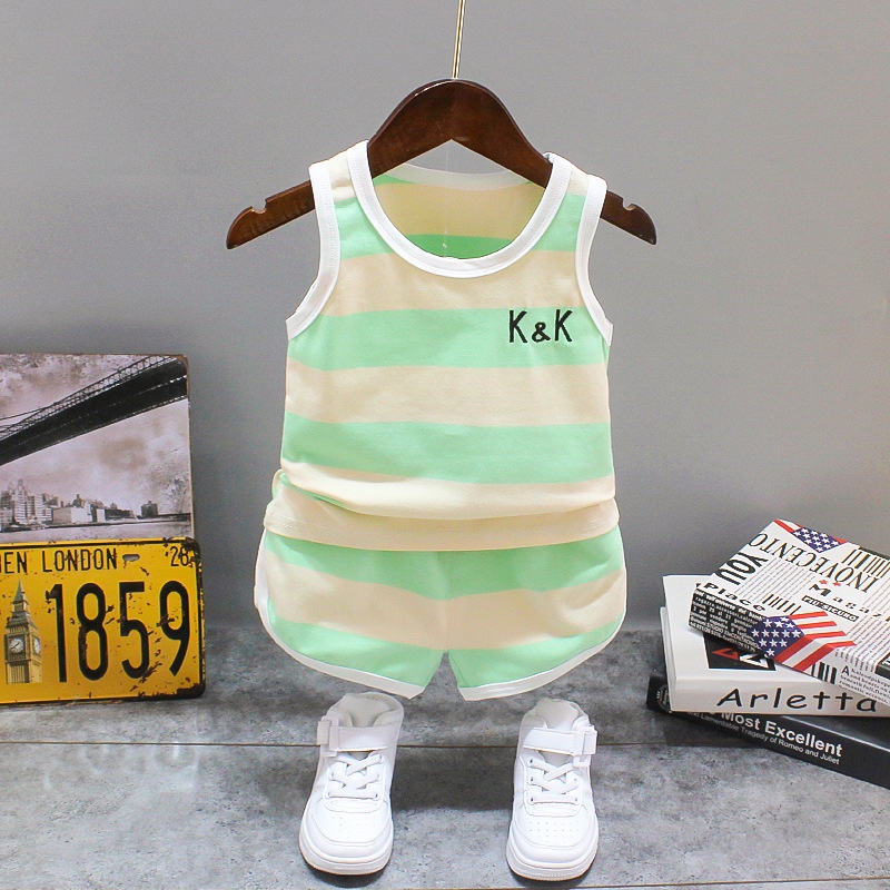 Set Đồ Mùa Hè 2 Món Gồm Áo Thun Cotton Sát Nách + Quần Ngắn Kẻ Sọc Nhiều Màu Thoáng Khí Cho Bé Trai 8 Tháng - 5 Tuổi