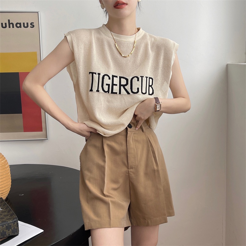 Áo Xiaozhainv dệt kim mỏng không tay dáng rộng in chữ 3 màu lựa chọn thời trang mùa hè cho nữ