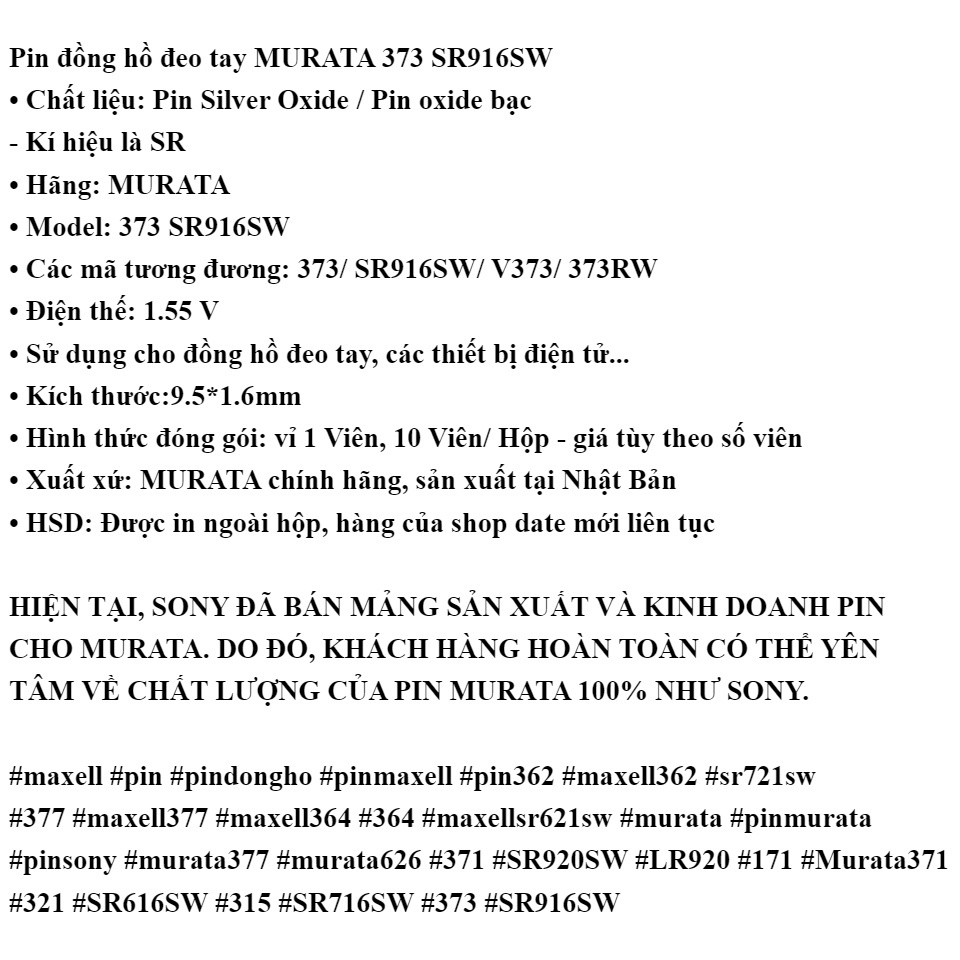 Pin đồng hồ MURATA Sony 373 SR916SW oxit bạc Made in Japan chính hãng