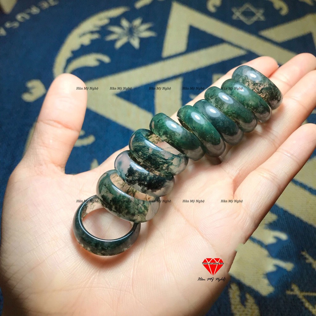Nhẫn đá ngọc caxedon màu xanh rêu HANMYNGHE