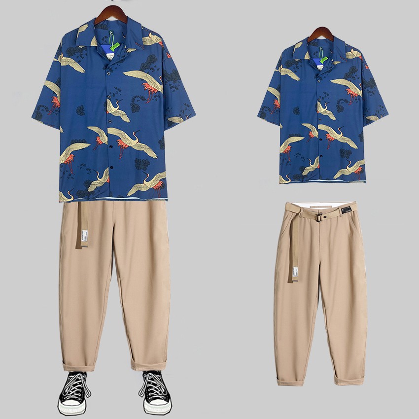 Combo Áo Sơ Mi Ngắn Tay Hoạ Tiết Chim Hạc Kết Hợp Quần Tây Âu Dáng Baggy (Tặng Dây Lưng) SOMI 35 + JOGGER 66 CR | BigBuy360 - bigbuy360.vn