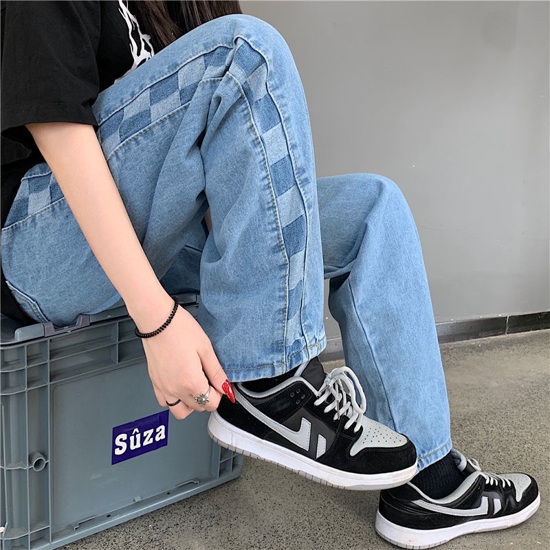 Plus Quần Jean Dài Lưng Cao Ống Rộng Sọc Ca Rô Thời Trang Trẻ Trung